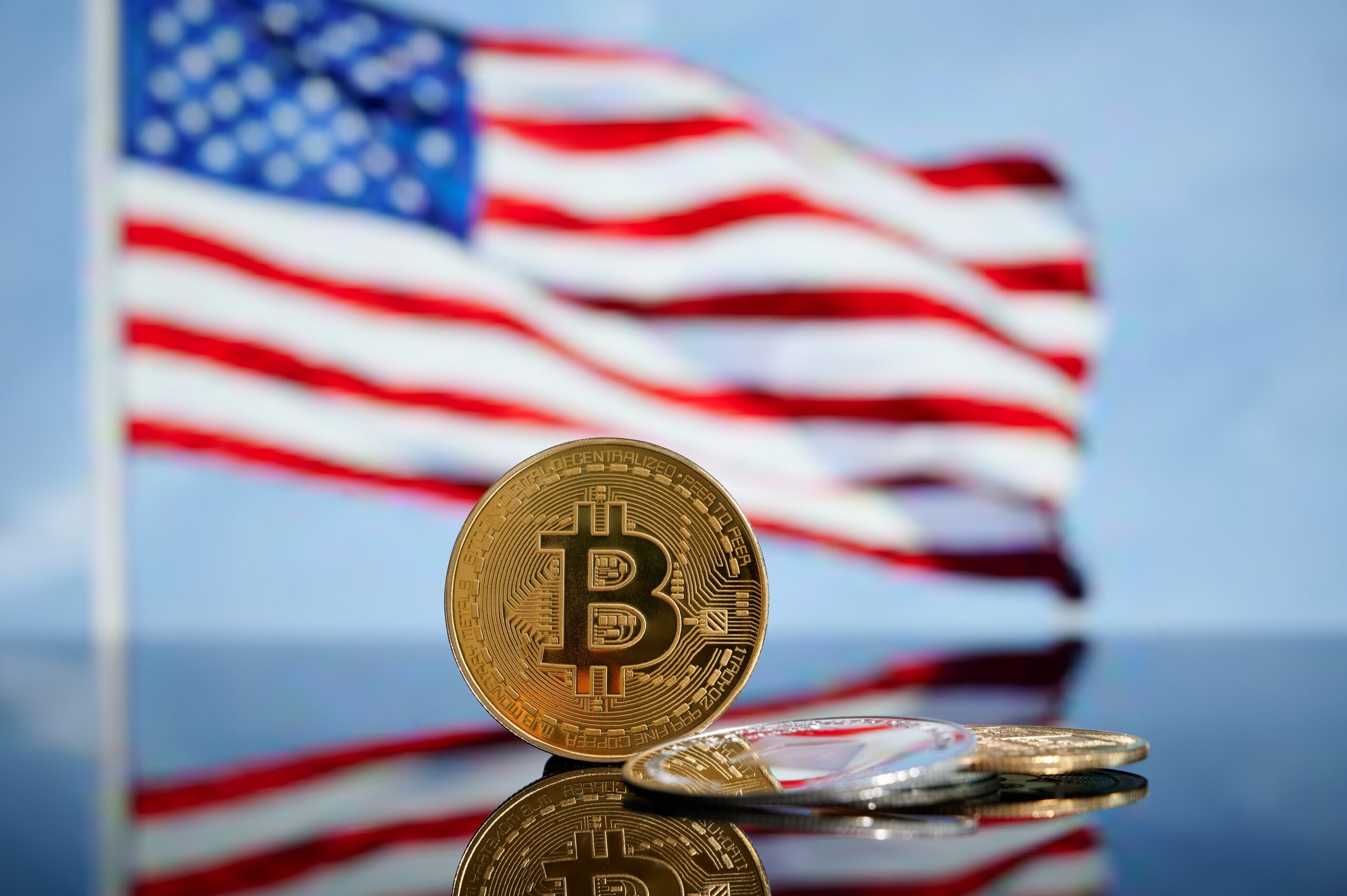 United States flag with Bitcoin coins